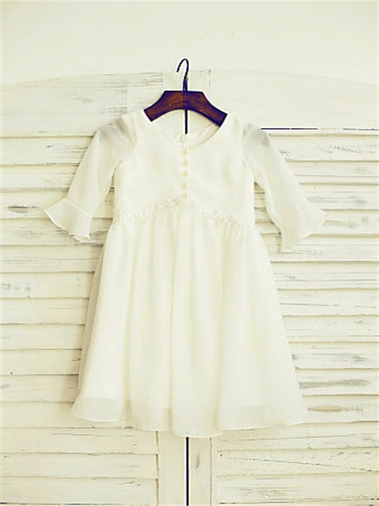 Chiffon Sleeves Long Scoop Ruffles A-line/Princess Tea-Length Flower Girl Dresses