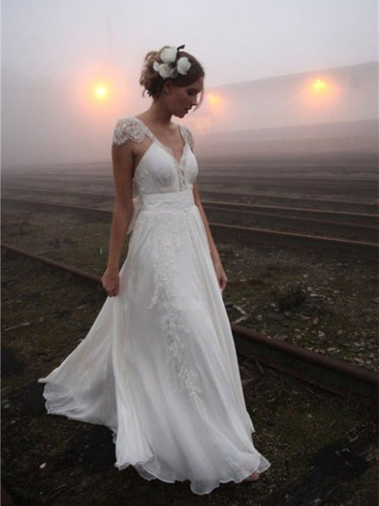 V-neck A-Line/Princess Lace Sweep/Brush Sleeveless Train Chiffon Wedding Dresses