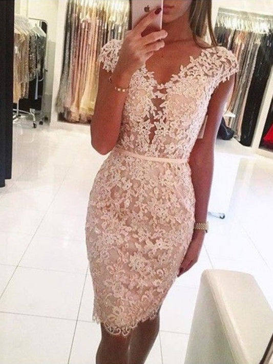 V-neck Lace Sheath/Column Sleeveless Knee-Length Homecoming Dress