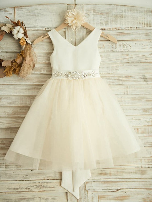 A-Line/Princess Knee-Length Tulle Bowknot V-neck Sleeveless Flower Girl Dresses