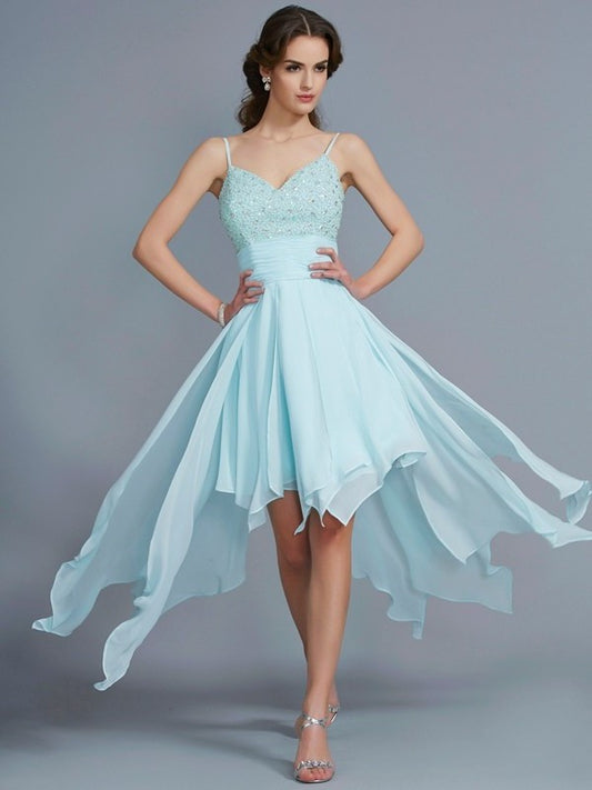 High Spaghetti Beading Sleeveless A-Line/Princess Low Straps Chiffon Homecoming Dresses