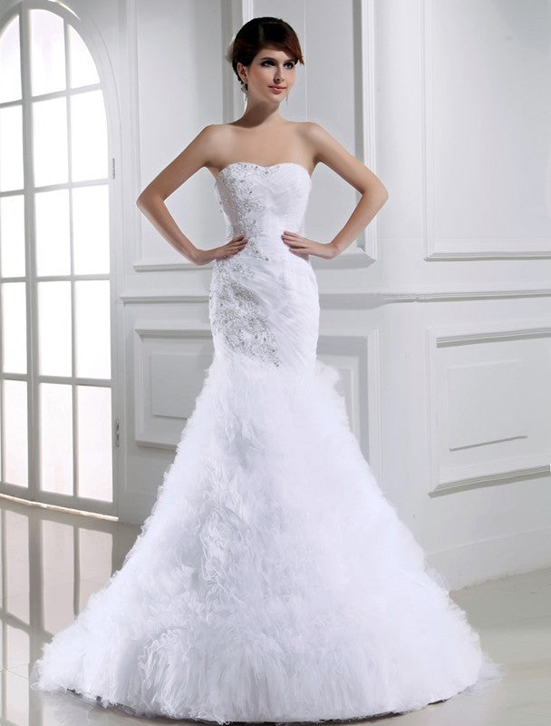 Tulle Trumpet/Mermaid Sleeveless Beading Long Wedding Dresses