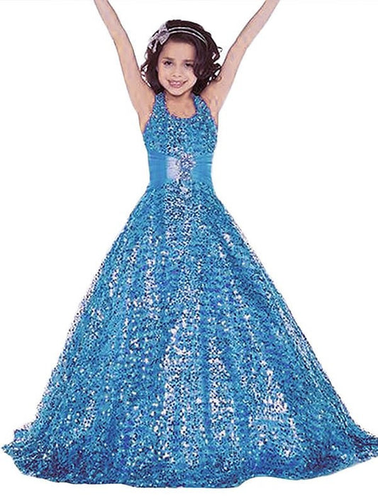 Ball Floor-Length Sequins Gown Sleeveless Halter Flower Girl Dresses