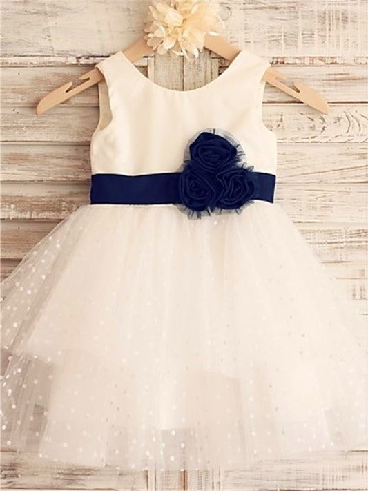 Organza Tea-Length Sleeveless Scoop Hand-made Flower A-line/Princess Flower Girl Dresses