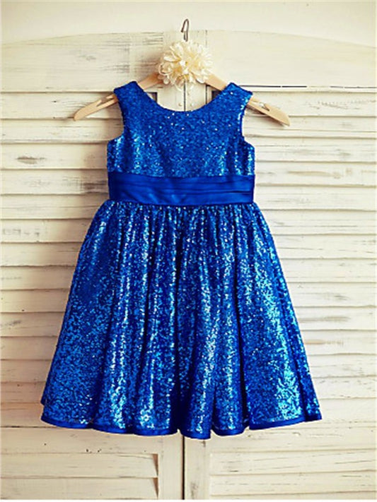 Sequins Bowknot Scoop Tea-Length Sleeveless A-line/Princess Flower Girl Dresses