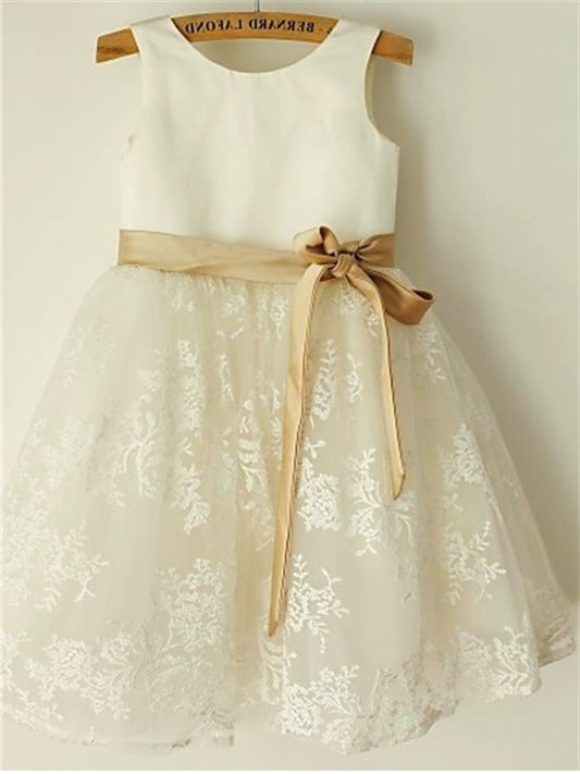 Sleeveless Tea-Length Lace Scoop A-line/Princess Bowknot Flower Girl Dresses