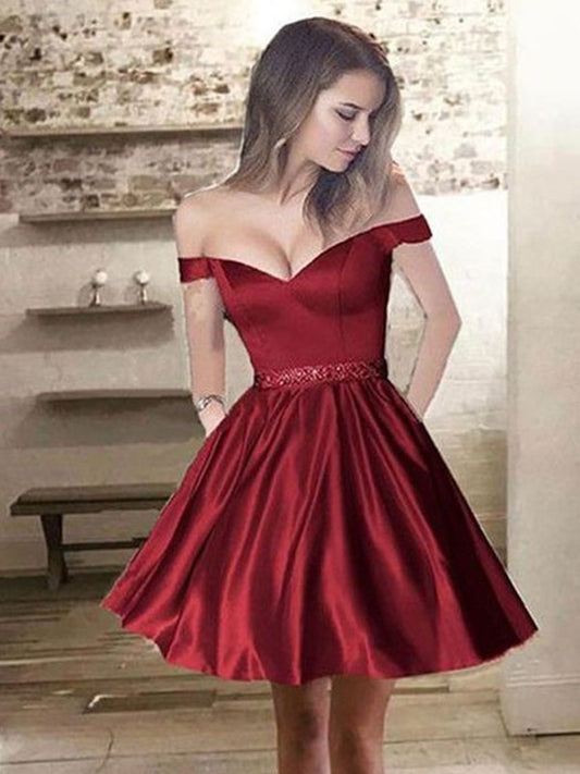 Beading Satin Off-the-Shoulder A-Line/Princess Sleeveless Short/Mini Dresses