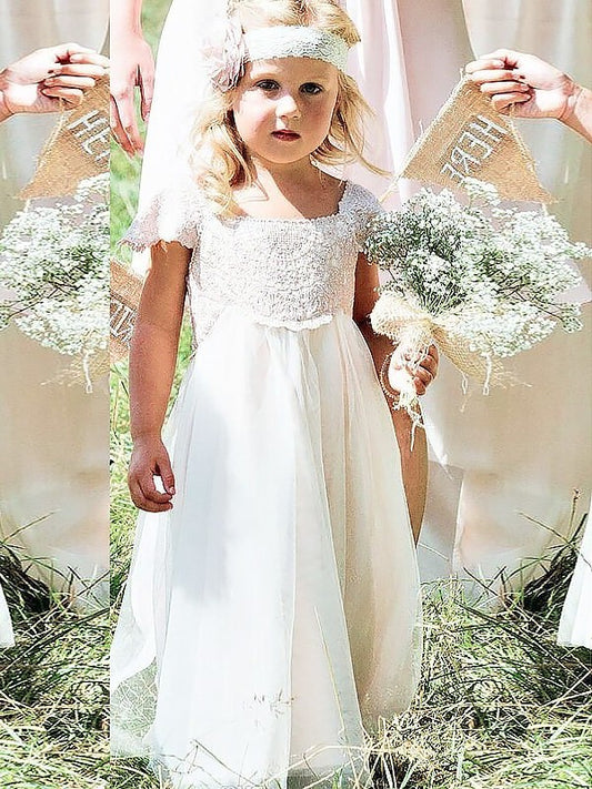 Lace Short Floor-Length Sleeves Square Chiffon A-line/Princess Flower Girl Dresses