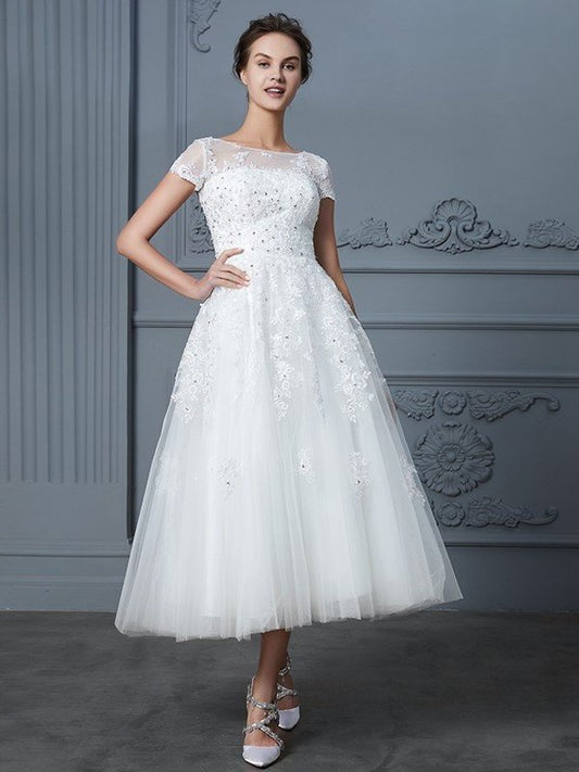 Scoop A-Line/Princess Sleeves Short Beading Tea-Length Tulle Wedding Dresses