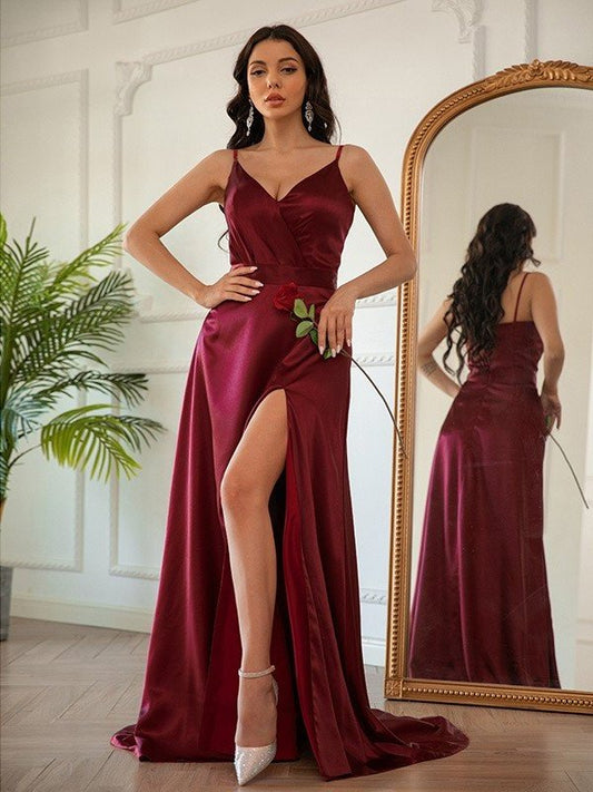 Satin V-neck Sleeveless Silk like A-Line/Princess Ruched Sweep/Brush Train Dresses