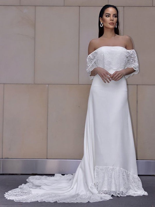 Sheath/Column Lace Sweep/Brush Sleeves Short Ruffles Off-the-Shoulder Train Wedding Dresses