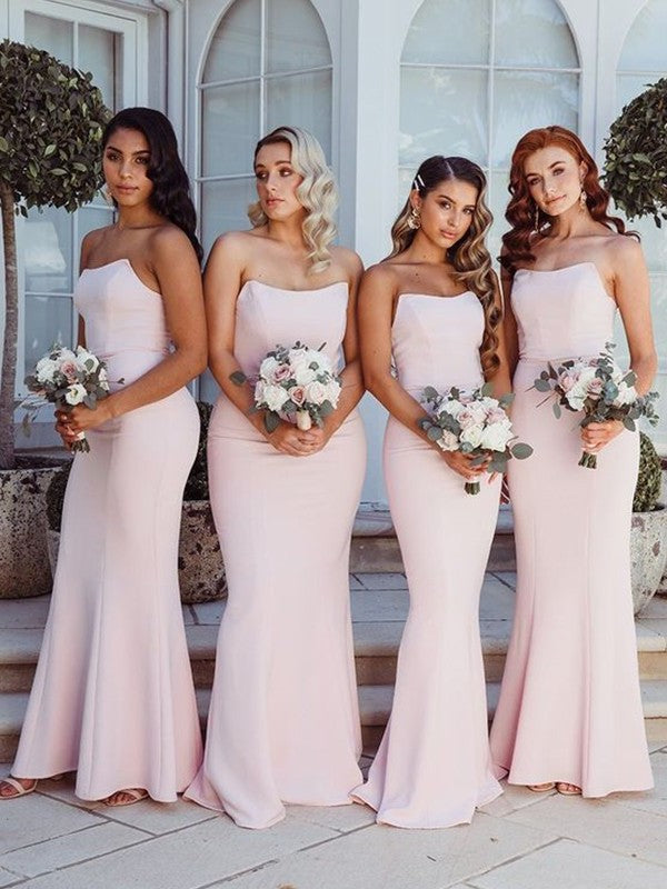 Sleeveless Strapless Crepe Stretch Sheath/Column Ruffles Floor-Length Bridesmaid Dresses