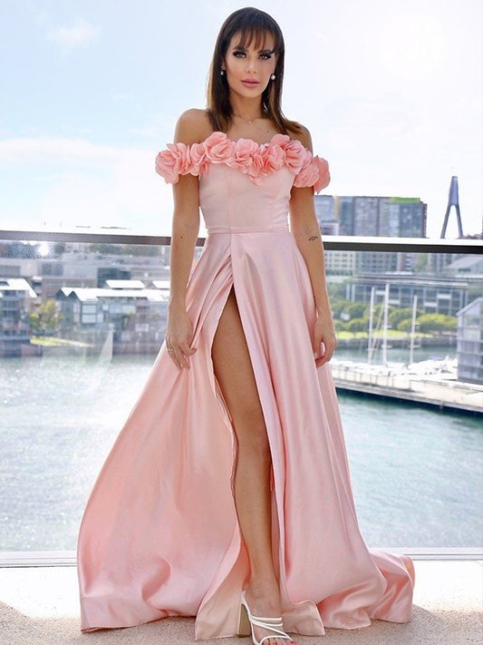 Satin Off-the-Shoulder Sleeveless Flower Hand-Made A-Line/Princess Sweep/Brush Train Dresses