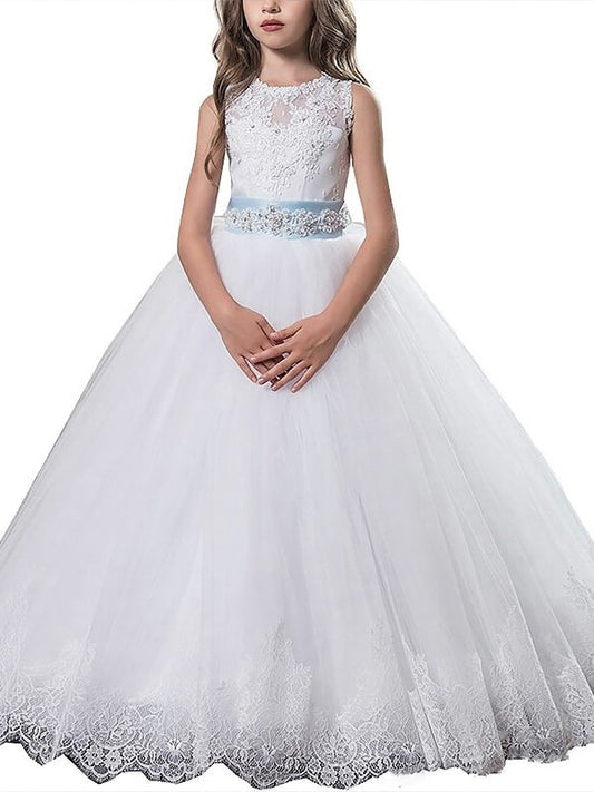 Ball Scoop Sleeveless Floor-Length Gown Tulle Applique Flower Girl Dresses