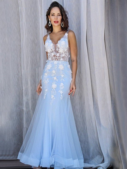 Trumpet/Mermaid Tulle Sleeveless V-neck Applique Floor-Length Dresses