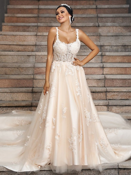 Sleeveless Tulle Applique Court A-Line/Princess Straps Train Wedding Dresses