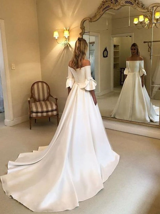 Court Charmeuse A-Line/Princess Off-the-Shoulder Sleeves 3/4 Ruffles Train Wedding Dresses