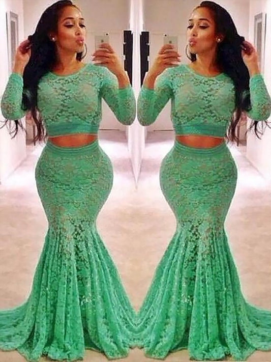 Sleeves Lace Trumpet/Mermaid Scoop Long Sweep/Brush Train Ruffles Two Piece Dresses