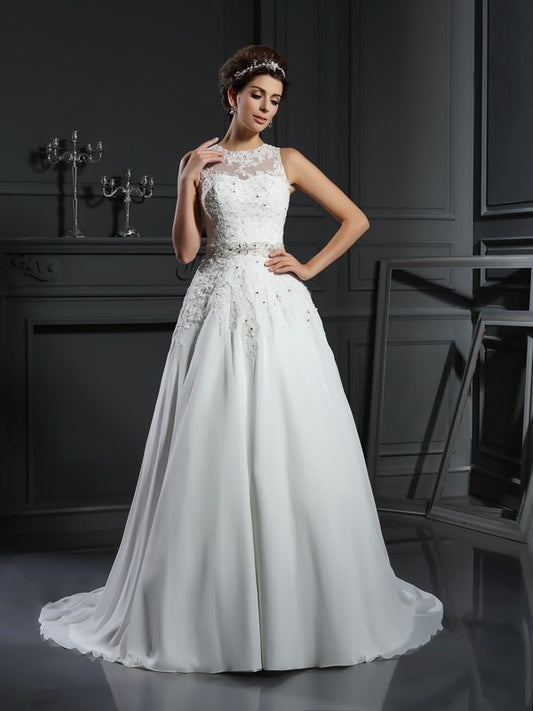 A-Line/Princess Sleeveless Neck Long Beading High Satin Wedding Dresses