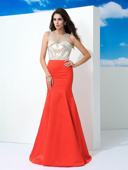 Neck Sheer Trumpet/Mermaid Sleeveless Beading Long Satin Dresses