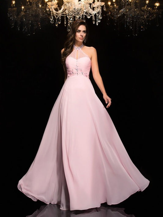 Sleeveless Halter Beading A-Line/Princess Long Chiffon Dresses