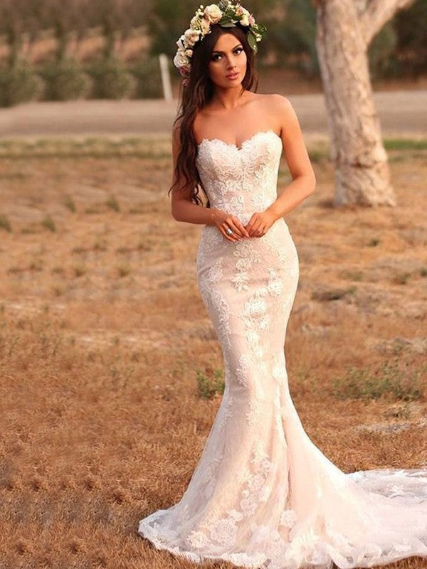 Trumpet/Mermaid Sweep/Brush Lace Sweetheart Sleeveless Applique Train Wedding Dresses