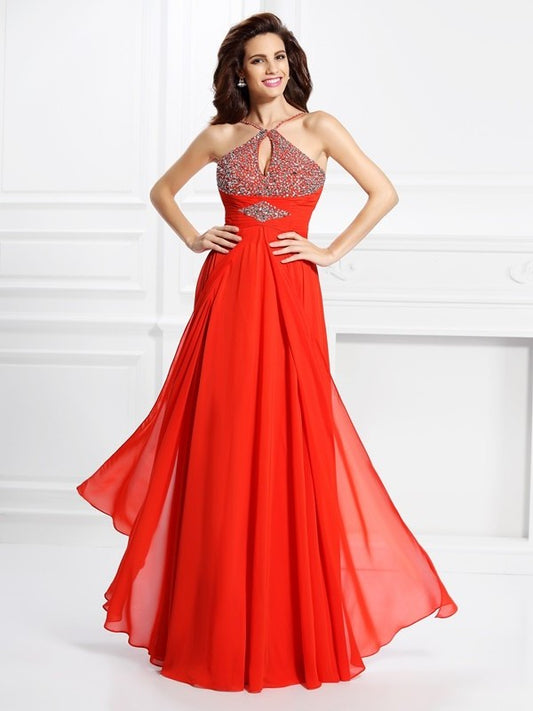 Sleeveless A-Line/Princess Beading Long Chiffon Dresses