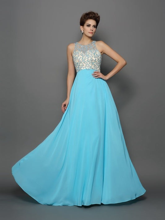 Scoop Sleeveless A-Line/Princess Beading Long Chiffon Dresses