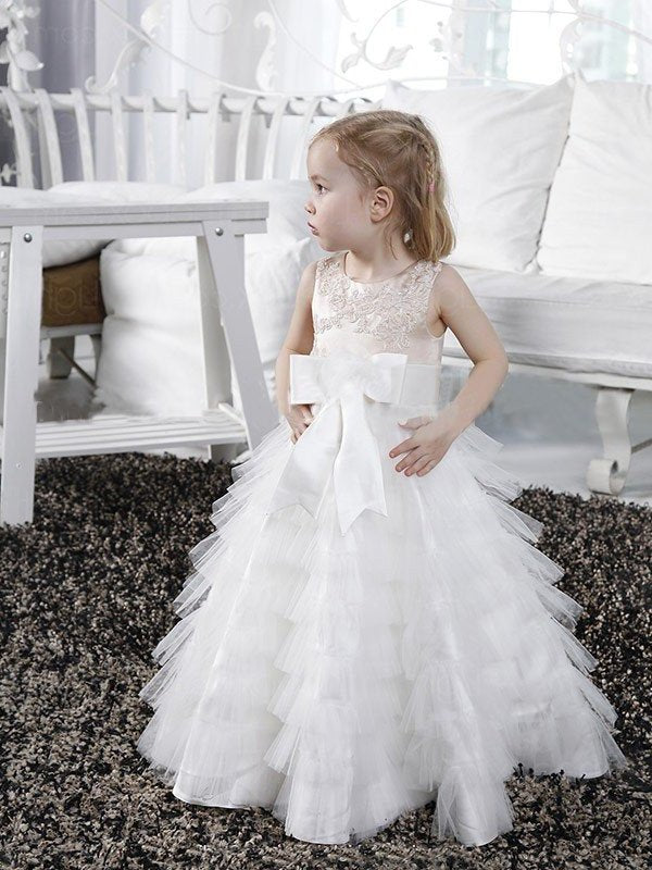 Sleeveless Long Bowknot A-line/Princess Tulle Scoop Flower Girl Dresses