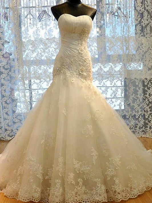 Trumpet/Mermaid Court Tulle Sleeveless Applique Sweetheart Train Wedding Dresses