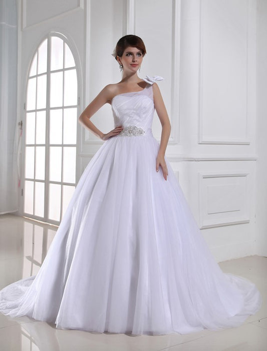 Gown Sleeveless Ball One-shoulder Satin Beading Tulle Wedding Dresses