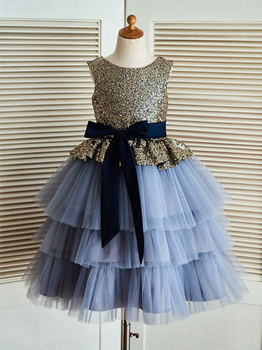 A-Line/Princess Tulle Tea-Length Scoop Sleeveless Sequin Flower Girl Dresses