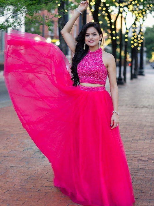 Tulle A-Line/Princess Beading Floor-Length Sleeveless Halter Two Piece Dresses