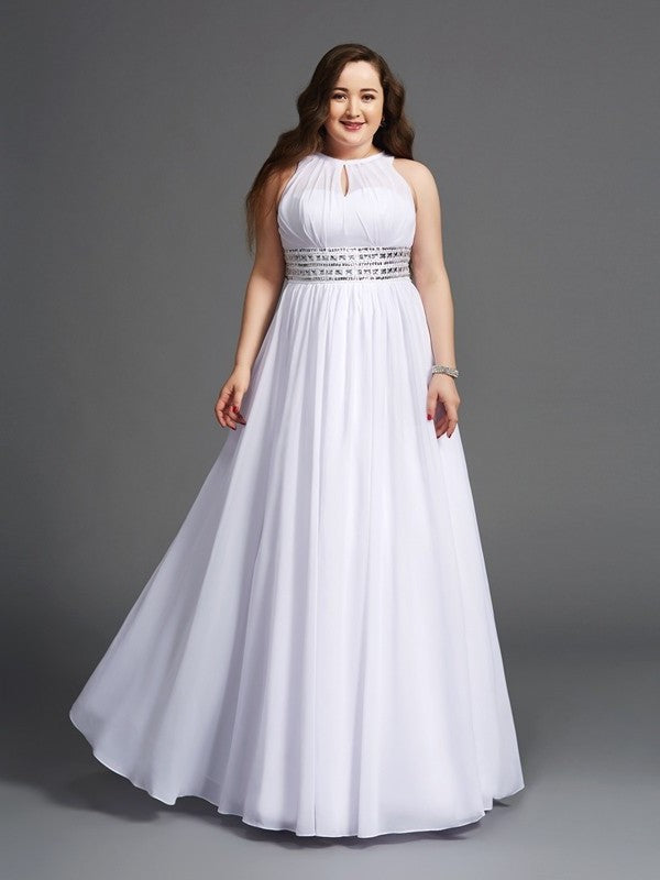 A-Line/Princess Jewel Sleeveless Long Chiffon Beading Plus Size Dresses