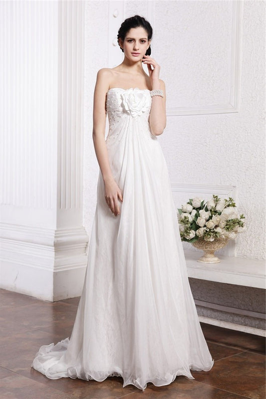 Hand-Made A-Line/Princess Strapless Long Sleeveless Beading Flower Chiffon Wedding Dresses