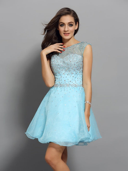 A-Line/Princess Scoop Beading Homecoming Dresses Sleeveless Short Organza Cocktail Shaniya Dresses