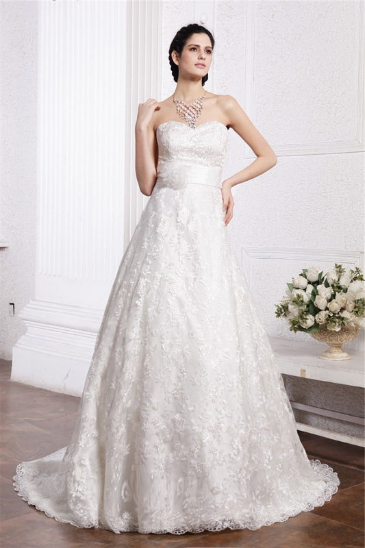 Sweetheart Sash Sleeveless A-Line/Princess Long Lace Wedding Dresses