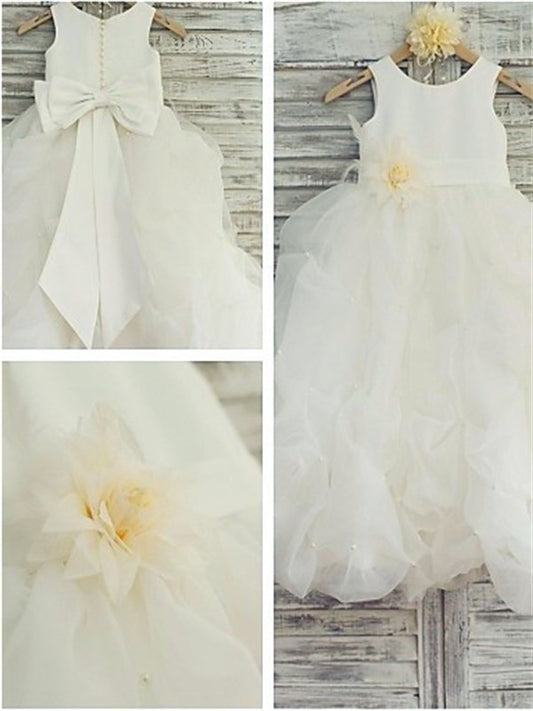 Flower Sleeveless Hand-made Scoop Organza Gown Ball Floor-Length Flower Girl Dresses