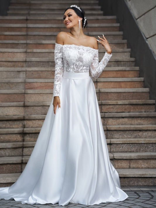 Satin Sleeves Lace Off-the-Shoulder A-Line/Princess Long Sweep/Brush Train Wedding Dresses