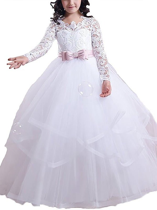 Ball Tulle Sleeves Long Lace Gown Floor-Length Jewel Flower Girl Dresses