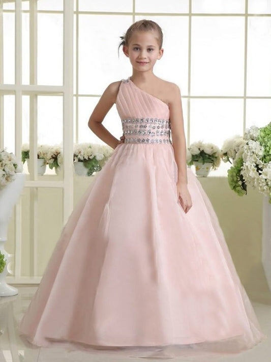 One-shoulder Beading Long Organza A-line/Princess Sleeveless Flower Girl Dresses