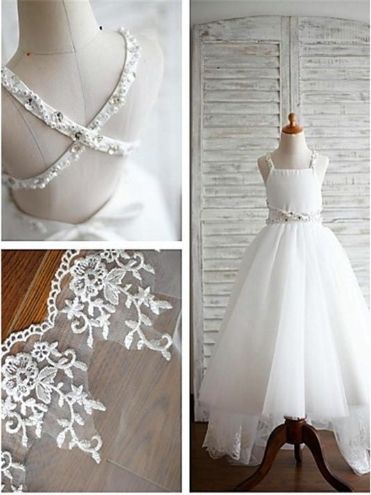 Beading Sweep/Brush Spaghetti Tulle A-line/Princess Sleeveless Straps Train Flower Girl Dresses