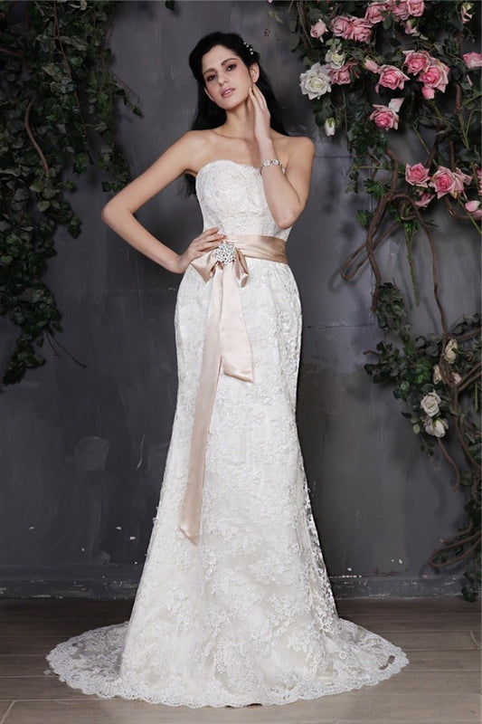 Sash Sleeveless Sheath/Column Long Strapless Lace Wedding Dresses