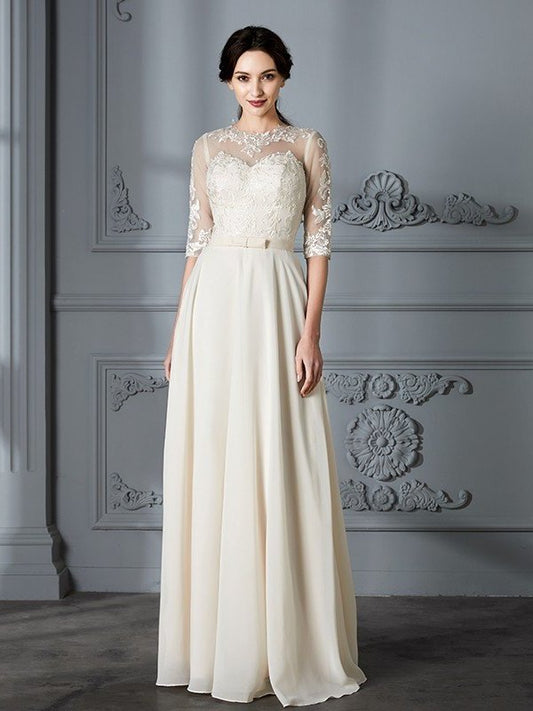 Sleeves A-Line/Princess Scoop Floor-Length 1/2 Chiffon Wedding Dresses