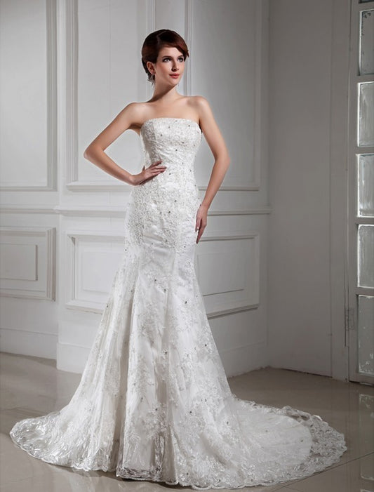 Strapless Beading Lace Trumpet/Mermaid Sleeveless Satin Wedding Dresses