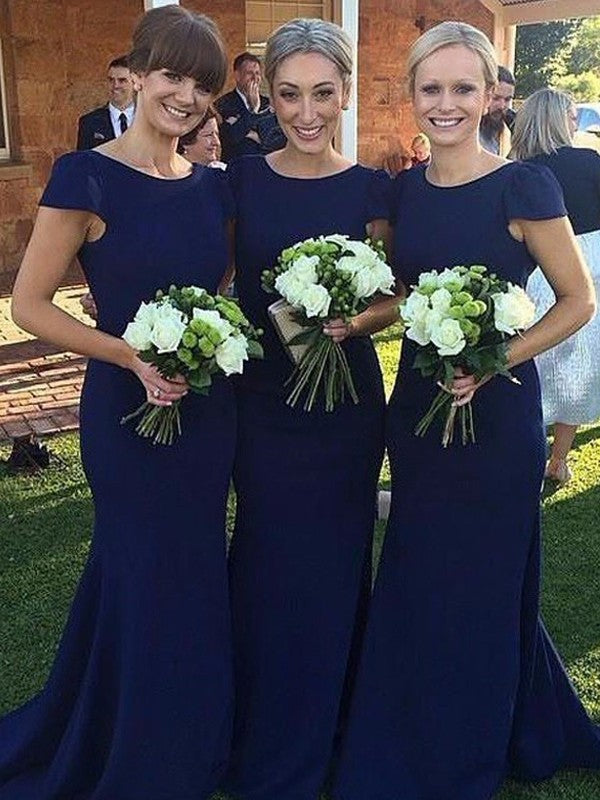 Sleeves Scoop Short Sheath/Column Floor-Length Satin Bridesmaid Dresses