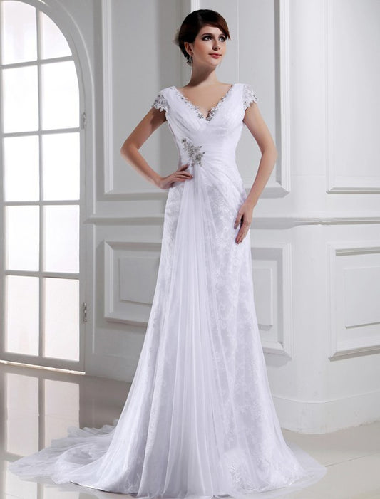 Beading A-Line/Princess Long Sleeveless V-neck Tulle Wedding Dresses