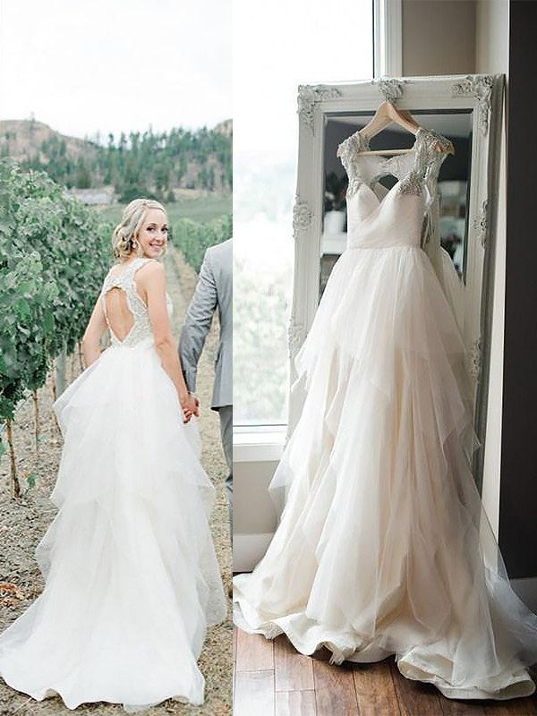 A-Line/Princess Train Sweep/Brush Straps Tulle Sleeveless Wedding Dresses