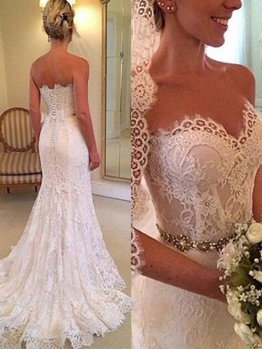 Train Sweep/Brush Sweetheart Sleeveless Beading Sheath/Column Lace Wedding Dresses