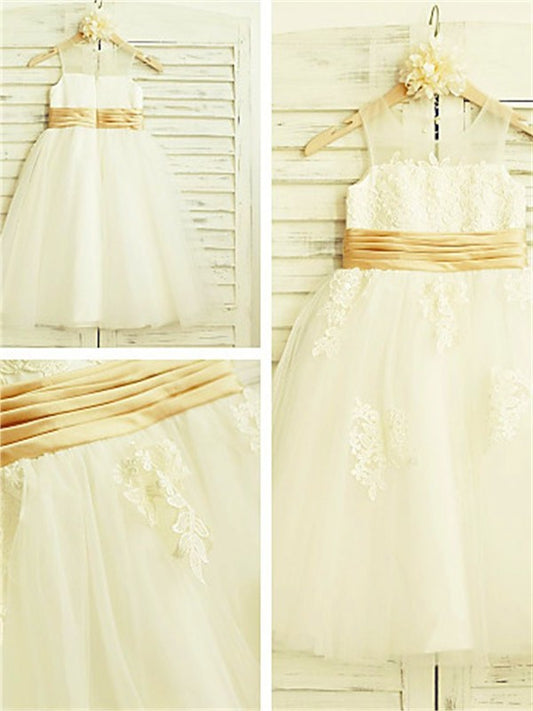 Tea-Length Sleeveless Tulle Lace Scoop A-line/Princess Flower Girl Dresses